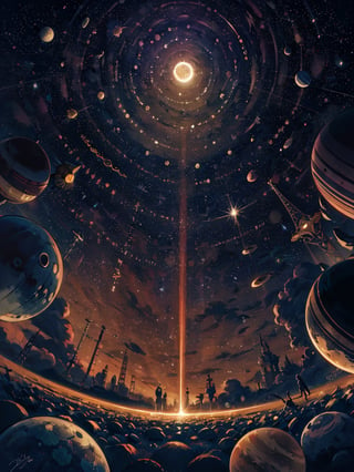 an illustration of stars, planets, and galaxies, evoking a sense of wonder and mystery about the universe.