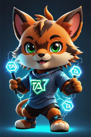 Hexatron, mascot, chibi, main color blue with green, electric effect, the mascot have the letters "TA" marked on it, High definition, Photo detailed, intricate, production cinematic character render, ultra high quality model,tshirt design