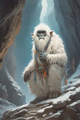 a very mysterious Yeti sorcerer near a cave in Tibet, watercolor painting, Jean-Baptiste Monge style, bright, beautiful in spring, splash, big perfect eyes, Glittering, cute and adorable, filigree, rim lighting, lights, magic, surreal, fantasy, awe inspiring, dreamlike, wlop, artgerm and james jean, digital Art, perfect composition, beautiful detailed, intricate, insanely detailed octane render trending on artstation, 8 k artistic, stunning, something that even doesn't exist, mythical being, textures, breathtaking beauty, pure perfection, divine presence, unforgettable, impressive, breathtaking beauty, Volumetric light, auras, rays, vivid colors reflects,greg rutkowski,painting by jakub rozalski