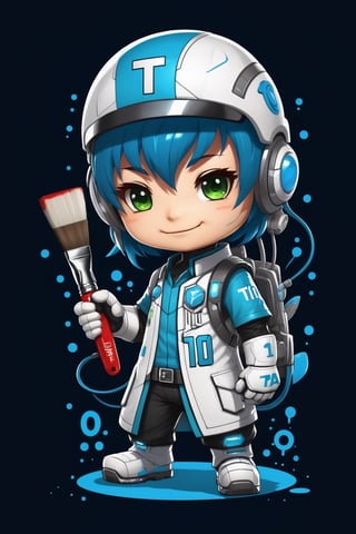 a mascot for tensor.art, chibi futuristic, put the letters (TA) on the chest, and the number 10 on the forehead, smile, main color blue with white and green, holding artist's paint brush, electric effect, Highy detailed, intricate, ultra high quality model, ,Leonardo Style