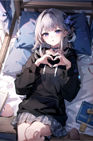 Masterpiece, intricate details, extremely detailed,  natural lighting, perfect face, BREAK (top down view, upper body:1.3), 1girl, Herta, laying down, (on back:1.2), (oversized hoodie:1.4), (heart hands:1.3), miniskirt, long hair, long socks, (parted lips), (emotionless:1.3), (blushing:1.2), medium breasts, purple eyes, looking at viewer, BREAK modern room, bedroom, bed, furniture, ,no_humans