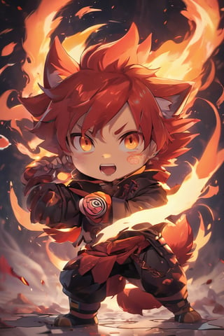 (cute chibi flame foxy, flaming veins, flaming crown), red and orange tones, (masterpiece, best quality, ultra-detailed, best shadow), (detailed background, fantasy), (beautifully detailed face), high contrast, (best illumination, an extremely delicate and beautiful), ((cinematic light)), colorful, hyper detail, dramatic light, intricate details, (1 chibi naruto, 20-year-old, solo, red hair, sharp face, amber eyes, hair between eyes, dynamic angle), blood splatter, swirling black light around the character, depth of field, light particles,(broken glass),magic circle, (full body), Spirit Fox Pendant