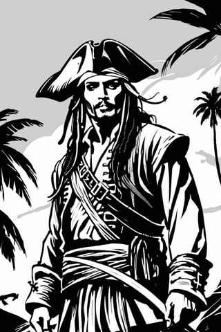 jack sparrow, black and white, beautiful eyes, half-body, detailed jack sparrow, the Caribbean movie, detailed, high quality, 
