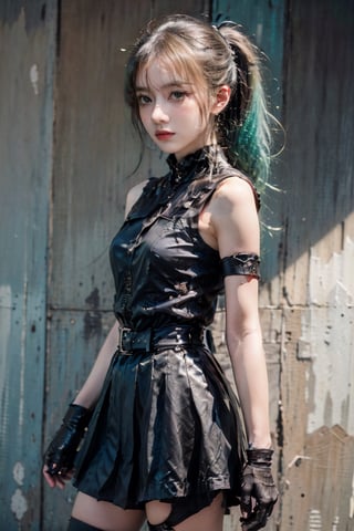 female, ((masterpiece, best quality, ultra detailed, absurdres), ubel, medium hair, hair between eyes, green hair, side ponytail, (purple eyes:1.1),skirt, gloves, dress, bare shoulders, pleated skirt, sleeveless, black gloves, elbow gloves, belt, miniskirt, black skirt, black footwear, (black dress:1.5), thigh strap, sleeveless dress, halterneck, armband, single glove, black belt, pleated dress, arm strap,ubel,hornsgirl