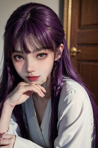 female, ((masterpiece, best quality, ultra detailed, absurdres):1.5),official art, unity 8k wallpaper, ultra detailed, beautiful and aesthetic, masterpiece, best quality, realistic,ultra quality, sharp focus, 8K UHD, highly detailed glossy eyes, fern, long hair, bangs, (purple eyes:1.1), purple hair, sidelocks, blunt bangs, (bright pupils:1.5), sitting