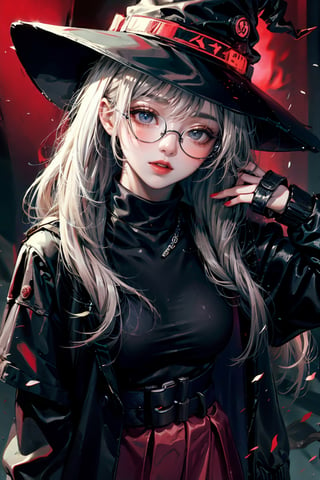 (masterpiece, best quality, ultra detailed, absurdres)1.5, 1girl,(sexy, beautiful woman, perfect face, perfect eyes, perfect female body, medium breasts),long sleeves, dress, jacket, scarf, neckerchief, black shirt, white hood, glasses, wristwatch, twintails,  white hair, deer horn, shool uniform, red skirt,SharpEyess, cyberpunk,demonictech, ,demonictech, witch hat,frieren