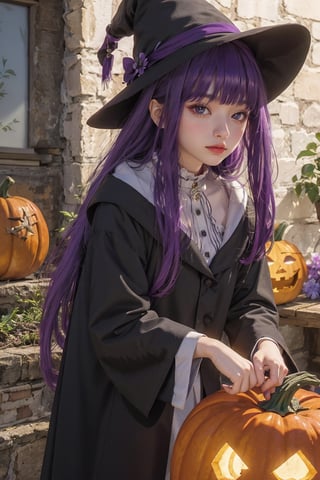 AgoonGirl,High detailed,, (xx)1girl,masterpiece, best quality, 8K,highres, absurdres:1.2,fern, long hair, bangs, (purple eyes:1.1), purple hair, sidelocks, blunt bangs, bright pupils, half updo,fern, witch_hat, pumpkins 