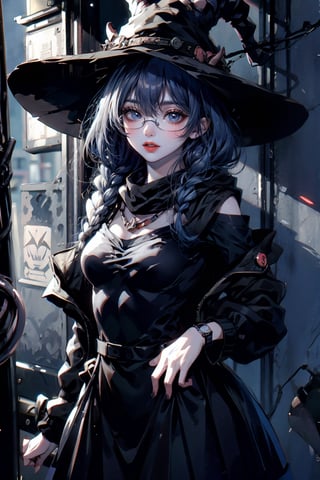 (masterpiece, best quality, ultra detailed, absurdres)1.5, 1girl,(sexy, beautiful woman, perfect face, perfect eyes, perfect female body, medium breasts),long sleeves, dress, jacket, scarf, neckerchief, black shirt, white hood, glasses, wristwatch, bangs, blue hair,aura the guillotine, deer horn, shool uniform, red skirt,SharpEyess, cyberpunk,demonictech, ,demonictech, witch hat,