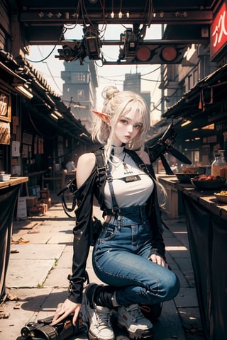 female, ((masterpiece, best quality, ultra detailed, absurdres),(1elf girl), (beauty elf girl), (ultra-high picture quality), masterpieces, casual scene, squatting beside a mini market, relaxed vibe, holding a beverage, She's dressed in a trendy techwear outfit, perhaps a stylish jacket and jeans, with comfortable sneakers, sunlight casting warm tones, street ambiance, urban setting. Perfect body, (E-cup:1.2), overalls, light smile, fresh, (asymmetrical bangs:1.3), Braid Bun hair, short hair, highly detailed face and eyes, Perfect lips, (white blonde hair, Deep Blue Eyes:1.2),cyberpunk, sci-fi, (bare shoulders), digital art, Aesthetic, Cinematic Lighting, by Yusuke Murata.,urban techwear