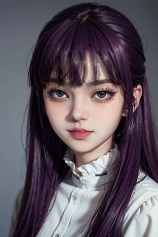 female, ((masterpiece, best quality, ultra detailed, absurdres):1.5),official art, unity 8k wallpaper, ultra detailed, beautiful and aesthetic, masterpiece, best quality, realistic,ultra quality, sharp focus, 8K UHD, highly detailed glossy eyes, fern, long hair, bangs, (purple eyes:1.1), purple hair, sidelocks, blunt bangs, (bright pupils:1.5), half updo