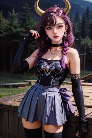 female, ((masterpiece, best quality, ultra detailed, absurdres):1.5),aura the guillotine, long hair, (purple eyes:1.1), purple hair, braid, horns, twin braids,skirt, thighhighs, gloves, choker, black gloves, elbow gloves
,retroartstyle,nodf_lora,momo_ayase