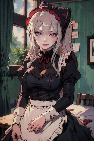 female, ((masterpiece, best quality, ultra detailed, absurdres),
heterochromia ,nodf_lora,retro,narberal gamma, maid_costume, sharp_teeth,shalltear bloodfallen