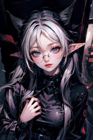 (masterpiece, best quality, ultra detailed, absurdres)1.5, 1girl,(sexy, beautiful woman, perfect face, perfect eyes, perfect female body, medium breasts),long sleeves, dress, jacket, scarf, neckerchief, black shirt, white hood, glasses, wristwatch, twintails,  white hair, deer horn, shool uniform, red skirt,SharpEyess, cyberpunk,demonictech, ,demonictech, witch hat,frieren, elf