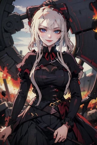 female, ((masterpiece, best quality, ultra detailed, absurdres),
heterochromia , sharp_teeth,shalltear bloodfallen, scythe