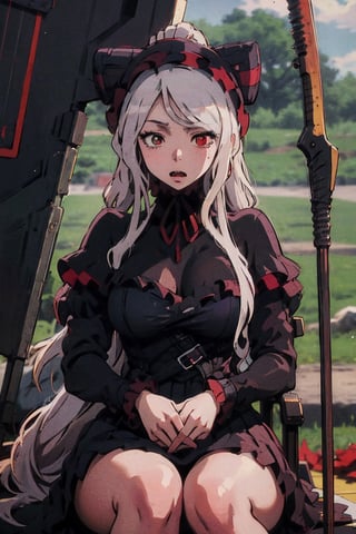 female, ((masterpiece, best quality, ultra detailed, absurdres),
heterochromia , sharp_teeth,shalltear bloodfallen, scythe