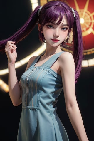 female, ((masterpiece, best quality, ultra detailed, absurdres):1.5),official art, unity 8k wallpaper, ultra detailed, beautiful and aesthetic, masterpiece, best quality, realistic, kaldef, green short dress, ultra quality, sharp focus, 8K UHD, highly detailed glossy eyes, ultra quality, green eyes, 1girl, masterpiece, best quality, hair blowing, looking at viewer, gradient hair,,CRin, twin_tails,1girl, purple hair, magic