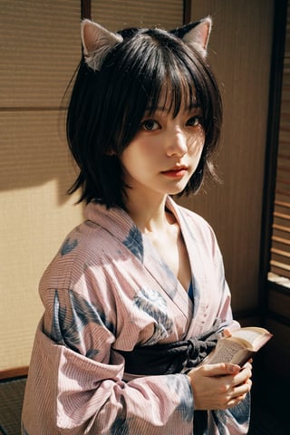 a girl in a kimono ,short hair, cat ears,holding a book,tatami galaxy, by Maeda Masao, kotegawa yui, shikamimi, chiho, by Eizan Kikukawa, by Shinoda Toko, by Yanagawa Nobusada, tsubasa nakai's style, nishimiya shouk ((masterpiece, best quality)), art by greg rutkowski, trending on artstation  ,