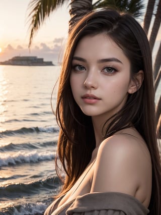 1Beautiful girl, extremely detailed CG unified 8k wallpaper, highly detailed, High-definition raw color photos, professional photograpy, Realistic portrait, teenager, brunette, long hair, off shoulder, Outdoors, coast, ocean, palm trees, beautiful sunset,