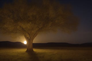 a scary monster looking infront hiding behind a tree in a moonlight