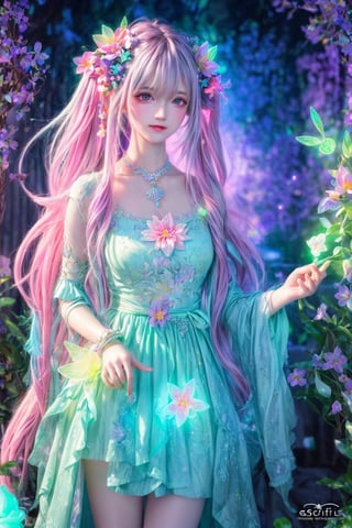  ((best quality)), ((masterpiece)), ((detailed)), (Phenomenal), Striking, ((Enchanting)), Ultra detailed illustration of an goddess girl lost in a magical world full of wonders, luminous flower and unique flora never seen before, highly detailed, pastel colors, hand painted strokes, visible strokes, digital art, art by Mschiffer, night, dark, bioluminescence fractall art, Pastels artwork, Colorful pastel art, Pastel creation, Neon light, Glowing light, Vibrant glow, Neon illumination, Extreme reach, Distant subjects