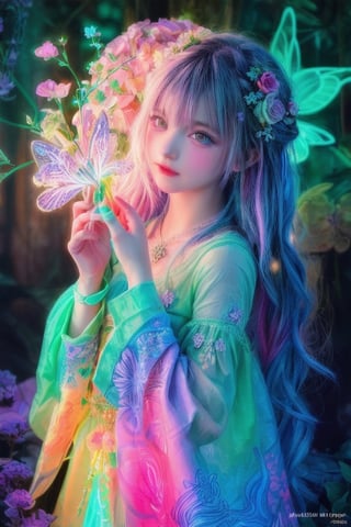 Ultra detailed illustration of an goddess girl lost in a magical world full of wonders, luminous flower and unique flora never seen before, highly detailed, pastel colors, hand painted strokes, visible strokes, digital art, art by Mschiffer, night, dark, green bioluminescence fractall art with blue addition, ((best quality)), ((masterpiece)), ((detailed)), (Phenomenal), Striking, ((Enchanting)), Woman, Russian, Russian woman, Russian national, Pastels artwork, Colorful pastel art, Pastel creation, Neon light, Glowing light, Vibrant glow, Neon illumination, Extreme reach, Distant subjects