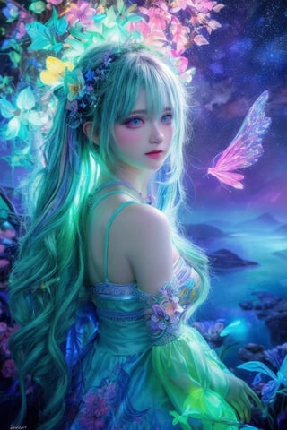 Ultra detailed illustration of an goddess girl lost in a magical world full of wonders, luminous flower and unique flora never seen before, highly detailed, pastel colors, hand painted strokes, visible strokes, digital art, art by Mschiffer, night, dark, green bioluminescence fractall art with blue addition, ((best quality)), ((masterpiece)), ((detailed)), (Phenomenal), Striking, ((Enchanting)), Woman, Russian, Russian woman, Russian national, Pastels artwork, Colorful pastel art, Pastel creation, Neon light, Glowing light, Vibrant glow, Neon illumination, Extreme reach, Distant subjects