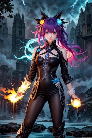 (masterpiece,  top quality,  best quality,  official art,  beautiful and aesthetic:1.2),  (1girl),  extreme detailed,  (abstract,  fractal art:1.1),  colorful hair,  highest detailed,  detailed_eyes,  fire,  water,  ice,  lightning,  light_particles,  ghost, full body shot,<lora:659111690174031528:1.0>