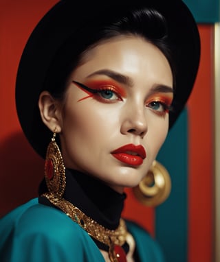 📷 A portrait of a woman, her face artistically painted with black makeup, lips bold in red, adorned with intricate teal and gold metalwork jewelry. The image exudes a whimsical charm, with a palette of dark amber and amber, all under the influence of de Stijl. Style: Abstract, geometric forms inspired by de Stijl, Diana F+ camera. Lighting: Dramatic, sharp shadows to emphasize the juxtaposed hues. Colors: Rich teal, gold, dark amber, and contrasting red. Composition: Diana F+ camera, 75mm lens, high-resolution 16k, a close-up shot capturing the intensity of her gaze ,Movie Still