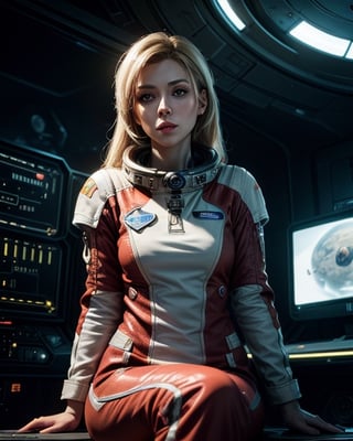 (masterpiece, best quality, illustration, unreal engine 5, official art:1.3), Rich Red color scheme, Don Lawrence hyper realistic picture of Blond Haired (Marilynn Monroe:Elisabeth Sladen:0.45) as a Female Space Explorer, a technocratic, omnivorous, iridescent, astronaut commander, (sitting in a starbase control room:1.2),detailed face, detailed hair, detailed eyes, perfect fingers, insanely intricate detail, absurdres, 8k,neotech