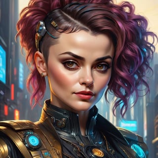 Professional portrait of 25 years old charismatic cyberpunk female cyborg jazz singer (Helena Bonham Carter:Lisa Stansfield:0.75), character, lovely smirk, intricate, elegant, highly detailed, digital painting, artstation, concept art, smooth, sharp focus, masterpiece hyper photorealistic illustration, art by artgerm and greg rutkowski and alphonse mucha, 32k,photo r3al,cyberpunk style