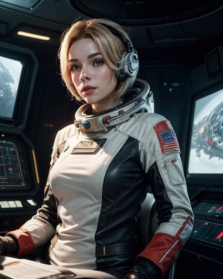 (masterpiece, best quality, illustration, unreal engine 5, official art:1.3), Rich Red color scheme, Don Lawrence hyper realistic picture of Blond Haired (Marilynn Monroe:Elisabeth Sladen:0.45) as a Female Space Explorer, a technocratic, omnivorous, iridescent, astronaut commander, (sitting in a starbase control room:1.2),detailed face, detailed hair, detailed eyes, perfect fingers, insanely intricate detail, absurdres, 8k,neotech