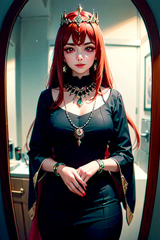 Face (red eyes,big eye brose, side smile,long black and red hair,sharp nose)
Dress(Indian style black dress,jewellery, black cool crown)
Reflection in mirror piece
Background (light raining)perfect anatomy, perfect face, ultra detailed, ultra sharpe face, ultra realistic face,in neon 