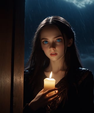 4k, UHD, HDR, (Masterpiece:1.5), (best quality:1.5), ultra detailed, dynamic angle, natural light, detailed reflection light, dark fantasy art, ((horror and dramatic)), 18 years old girl, upper body, beautiful girl, cute, innocent, (pale skin), long black hair, in ear hair, fantasy outfit, mad, (magic storm on hand. Hand up), (blue eyes), standing at front of cabin), (door. Window. Glass. Candle), focus on viewer, from below, Movie Still, closeup,monster,HellAI