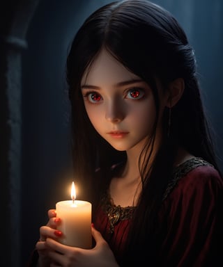 4k, UHD, HDR, (Masterpiece:1.5), (best quality:1.5), ultra detailed, dynamic angle, natural light, detailed reflection light, fantasy art, ((horror and dramatic)), 14 years old girl, upper body, beautiful face, cute, innocent, (pale skin), long black hair, in ear hair, fantasy outfit, (red shinny eyes), (standing at dark room. Dark background. Inside home), (Holding a candle. Candle light), focus on viewer, dark tone, low key, Movie Still, closeup,monster,HellAI