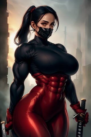 pony_tail, ,big_breasts,black_hair, muscular_body, abs, ,sexy,woman,tigh,protruding, sexy red body suit, high_resolution,katana, mouth mask,dragon big thigh 