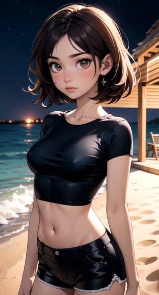 cowboy shot, upper body portrait, digital art, (masterpiece), detailed background, perfect lighting, 1girl, black tshirt navel length, midriff, navel, shorts, (night time), night, medium hairstyle, medium breasts, wavy short hairstyle, brown eyes, beach, island,