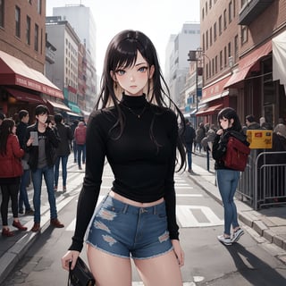 RAW photo, masterpiece, photorealistic, (cowboy shot), 1girl, gorgeous 20yo woman, elegan model, perfect slender body, medium breast, messy black hair, wearing black turtle neck tight sweater, ripped jeans, sneaker, posing for picture, outdoor, busy sidewalk, elegant photoshoot,