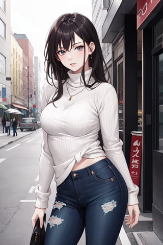 RAW photo, masterpiece, photorealistic, (cowboy shot), 1girl, gorgeous 20yo woman, elegan model, perfect slender body, medium breast, messy black hair, wearing black turtle neck tight sweater, ripped jeans, sneaker, posing for picture, outdoor, busy sidewalk, elegant photoshoot,