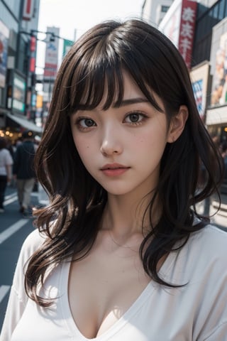 face portrait, RAW photography, (masterpiece), detailed background, perfect lighting, 1girl, long hairstyle, side bangs, medium breasts, wavy short hairstyle, brown eyes, tokyo city,