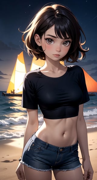 cowboy shot, upper body portrait, digital art, (masterpiece), detailed background, perfect lighting, 1girl, black tshirt navel length, midriff, navel, shorts, (night time), night, medium hairstyle, medium breasts, wavy short hairstyle, brown eyes, beach, island,