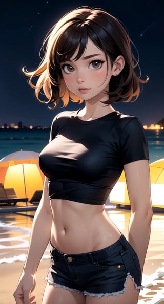 cowboy shot, upper body portrait, digital art, (masterpiece), detailed background, perfect lighting, 1girl, black tshirt navel length, midriff, navel, shorts, (night time), night, medium hairstyle, medium breasts, wavy short hairstyle, brown eyes, beach, island,