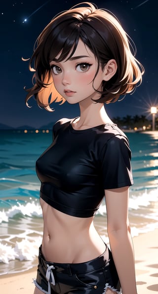 cowboy shot, upper body portrait, digital art, (masterpiece), detailed background, perfect lighting, 1girl, black tshirt navel length, midriff, navel, shorts, (night time), night, medium hairstyle, medium breasts, wavy short hairstyle, brown eyes, beach, island,