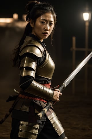 (masterpiece:1.2, best quality), 1lady, solo, full body, woman samurai warrior, in a battlefield, torn armor and clothing, holding a katana, close up, fighting in a ferocious battlefield, skin is damaged and bloody |clear detailed eyes, clear face, intricate details, cinematic lighting|