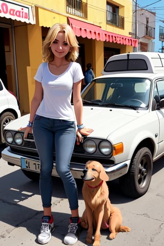 chica posando a lado de un auto con un perro