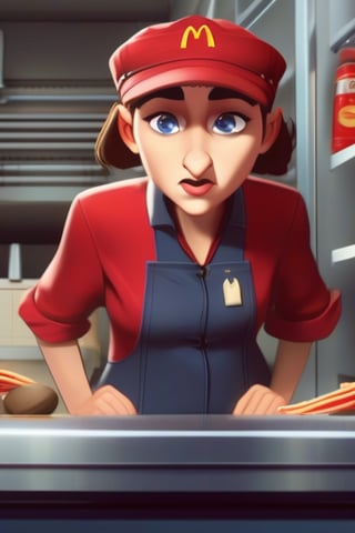 ratatouille, Colette, colettetatou, <lora:colettetatou:0.8>, detailed blue eyes, brown hair, looking angry, wearing mcdonalds uniform, unbuttoned red shirt, black slacks, mcdonalds cap, standing behind mcdonalds counter,
