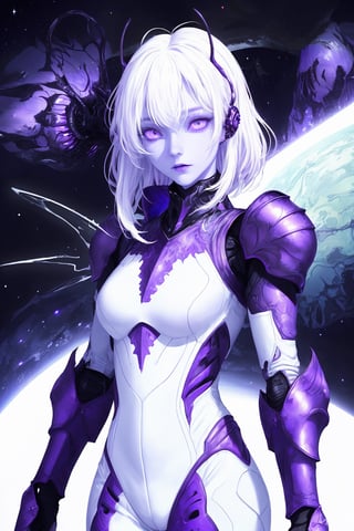 alien, woman, purple_skin, White hair, Antennae, Galactic eyes, White outfit, Armor, beautiful person,