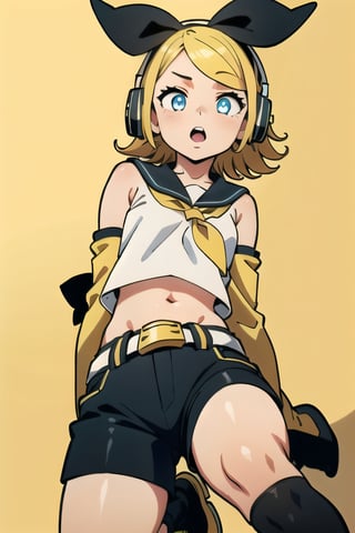 masterpiece, best quality, Rin Kagamine, glowing eyes, short hair, number tattoo, bow, white shirt, detached sleeves, belt, sailor collar, headphones, shorts, leg warmers