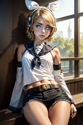 masterpiece, best quality, Rin Kagamine, glowing eyes, short hair, number tattoo, bow, white shirt, detached sleeves, belt, sailor collar, headphones, shorts, leg warmers, 