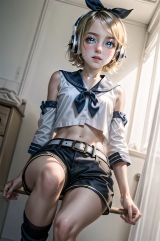 masterpiece, best quality, Rin Kagamine, glowing eyes, short hair, number tattoo, bow, white shirt, detached sleeves, belt, sailor collar, headphones, shorts, leg warmers, 