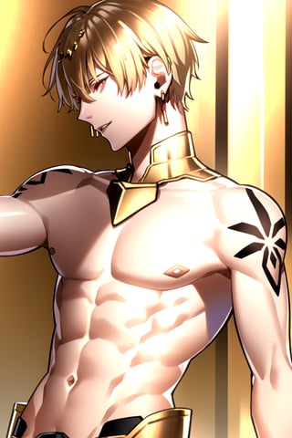 GilgameshTopless, solo, blonde hair, short hair, red eyes, 1boy, jewelry, earrings, necklace, armor, tattoo, topless male, gold armor fighting a whole army,AGGA_ST015